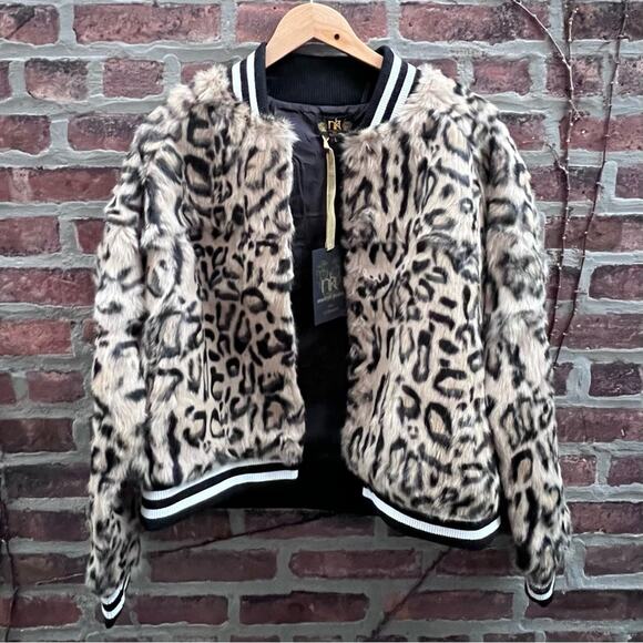 NEW Size Large Metric Units Leopard Print Real Rabbit Fur Bomber Track Jacket - Picture 6 of 8